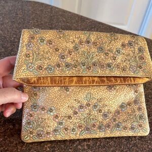 Marheta Ladies 1950’s Gold Floral Embroidered Bead Fold over Clutch Bag Vintage